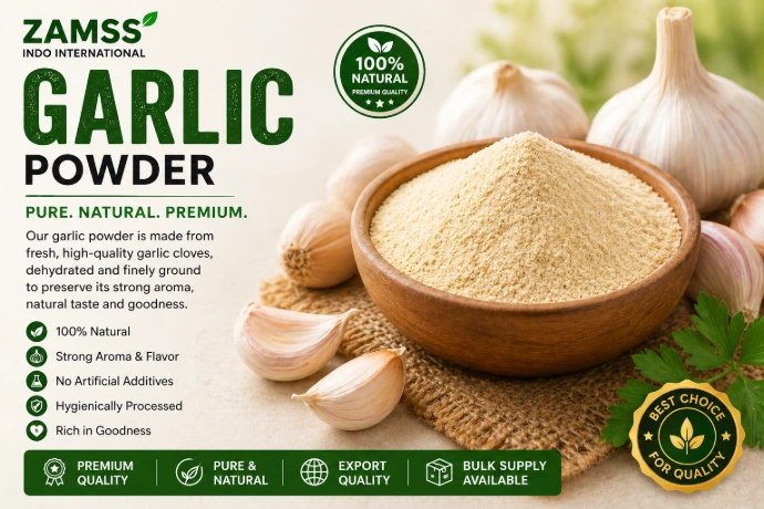 Garlic Powder  Our Garlic Powder is produced from high-quality garlic cloves, processed under hygienic conditions to retain its strong aroma and rich taste. It enhances flavor in a wide range of dishes while ensuring consistency and ease of use.