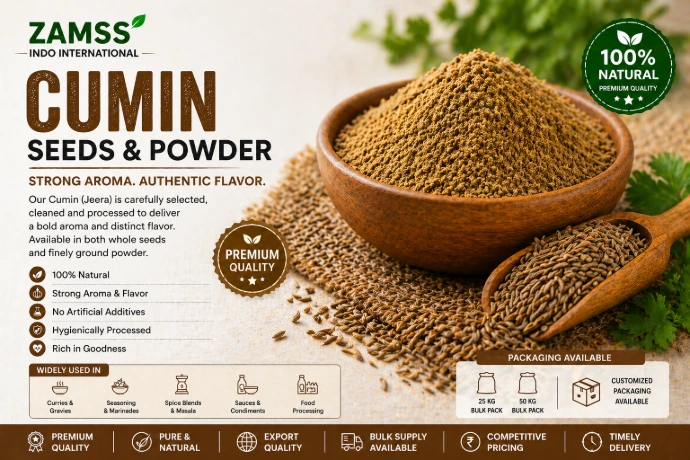 Cumin Seeds &amp; Powder  ZAMSS INDO INTERNATIONAL  Our Cumin Seeds &amp; Powder are known for their bold aroma and distinctive flavor. Carefully cleaned and processed, they ensure freshness and high quality for both household and industrial use.  🌟 Key Highlights 100% Natural Strong Aroma Premium Quality Clean &amp; Sorted Hygienically Processed 🍽️ Applications Curries and traditional dishes Spice blends Snacks and namkeen Food processing